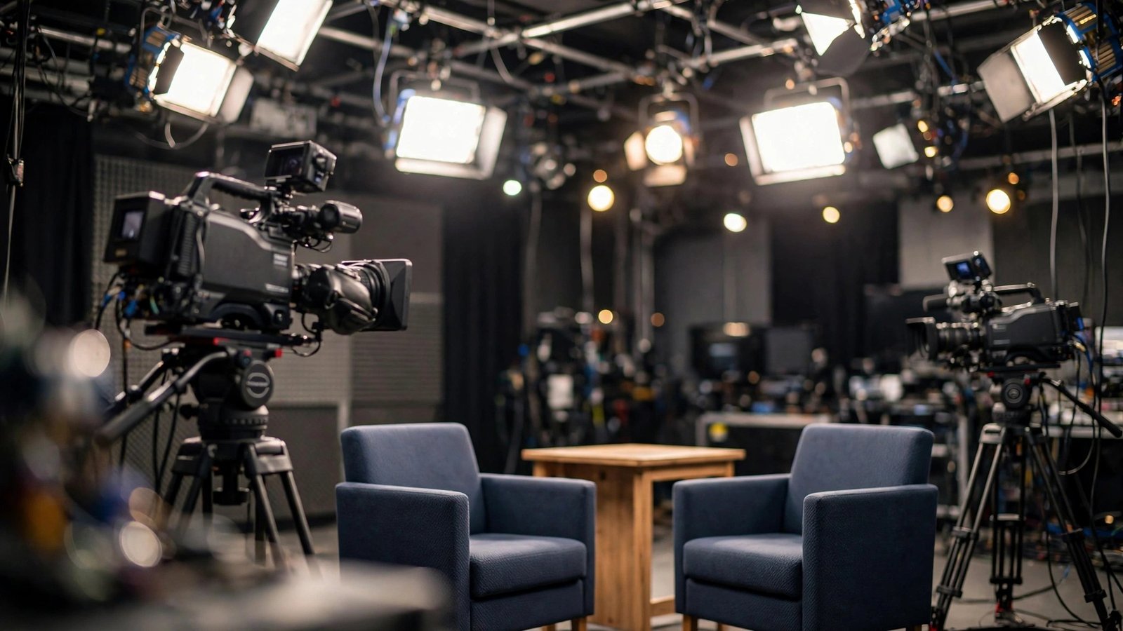 Empty television news studio with broadcast cameras and bright lights