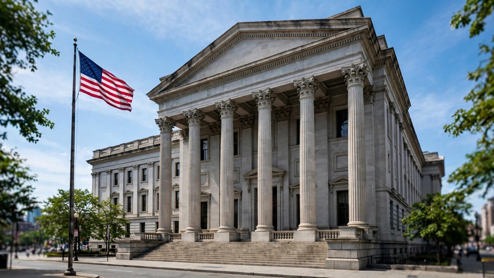 Facade of a neoclassical government building with tall columns