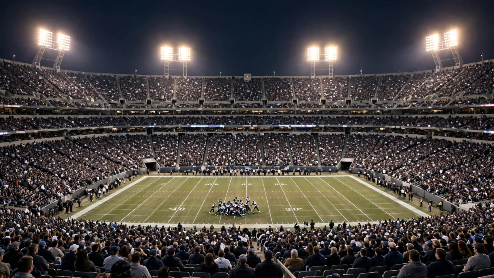 A packed football stadium at night during a game, with floodlights shining over the field and players lined up