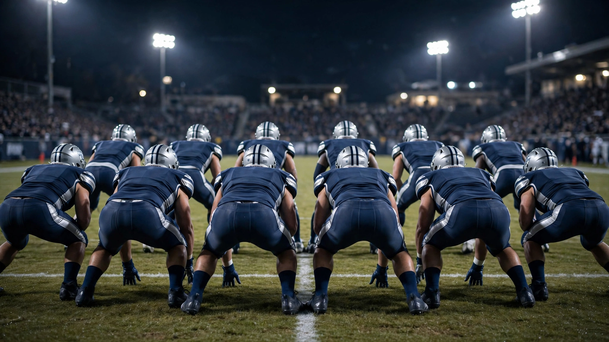 Football linemen in dark-blue jerseys crouched at the line of scrimmage during a night game, seen from behind