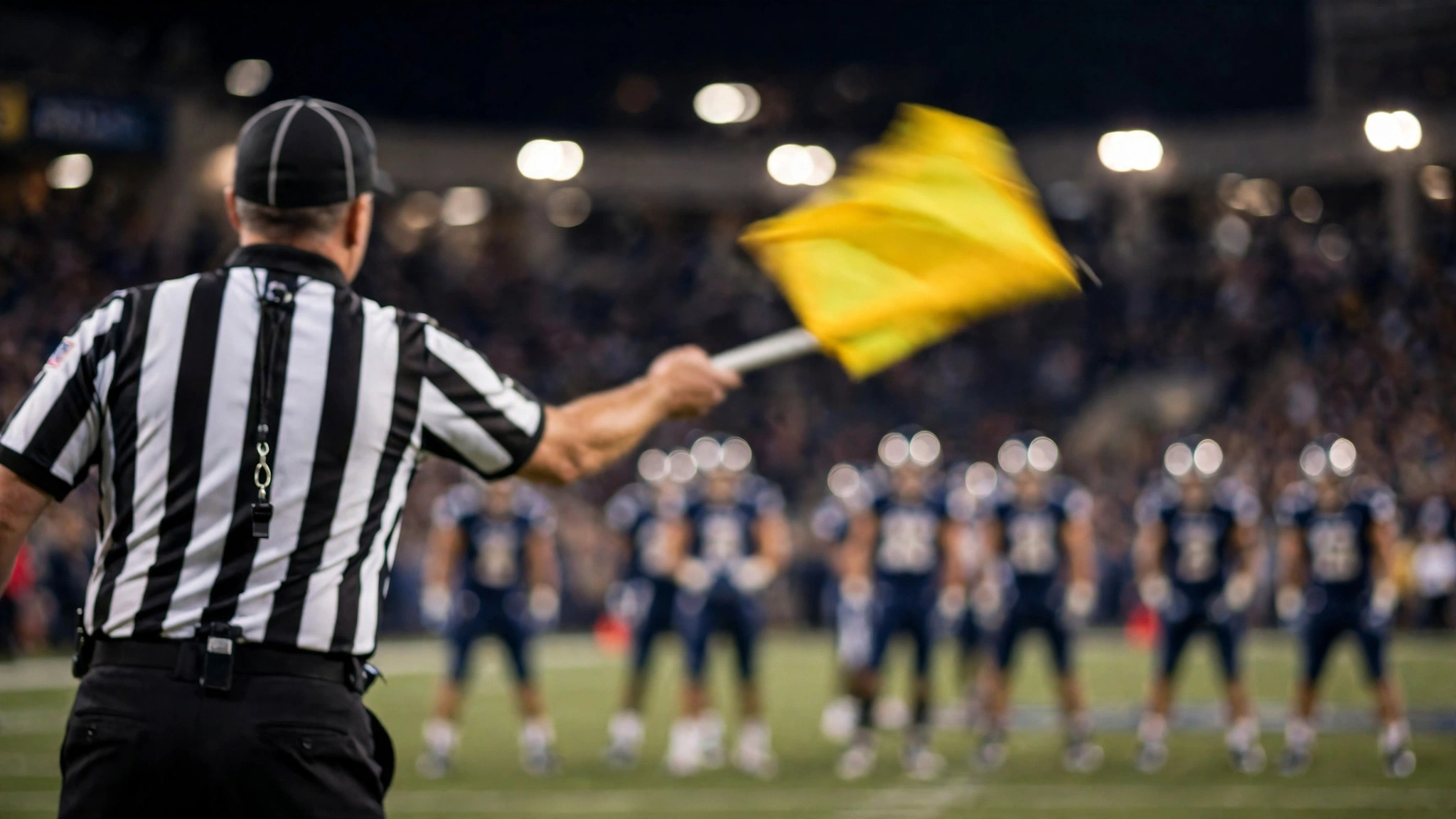 A football referee in a striped shirt throwing a yellow penalty flag during a night game