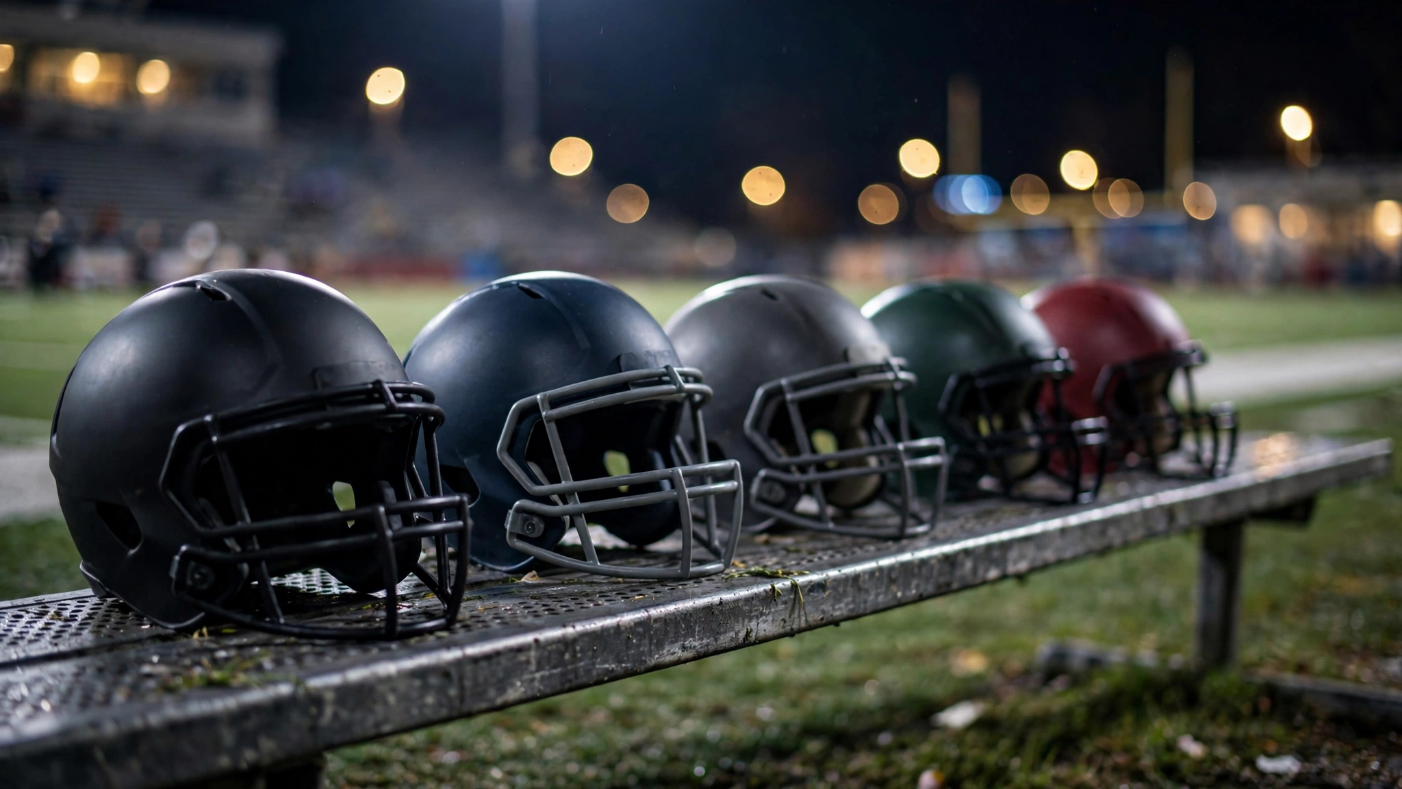 Football helmets lined up on a sideline bench at night, with stadium lights blurred in the background
