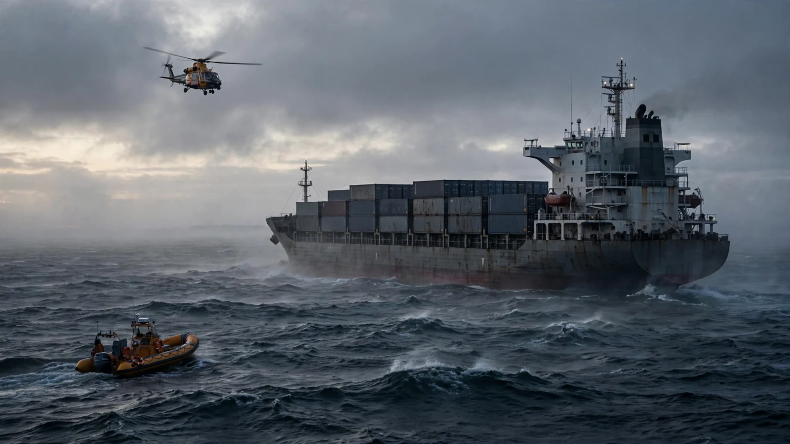 A container cargo ship on rough gray seas at dawn, with a yellow search-and-rescue helicopter above and a small orange rescue boat in the foreground