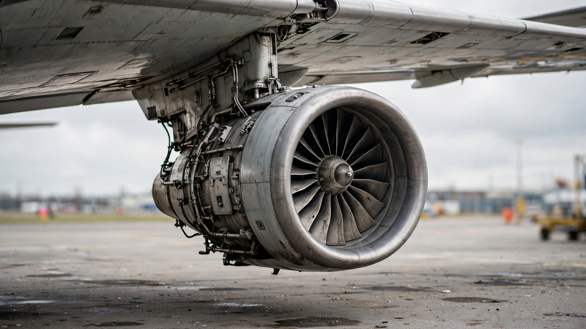 Close-up of a jet engine mounted under an aircraft wing on the tarmac.
