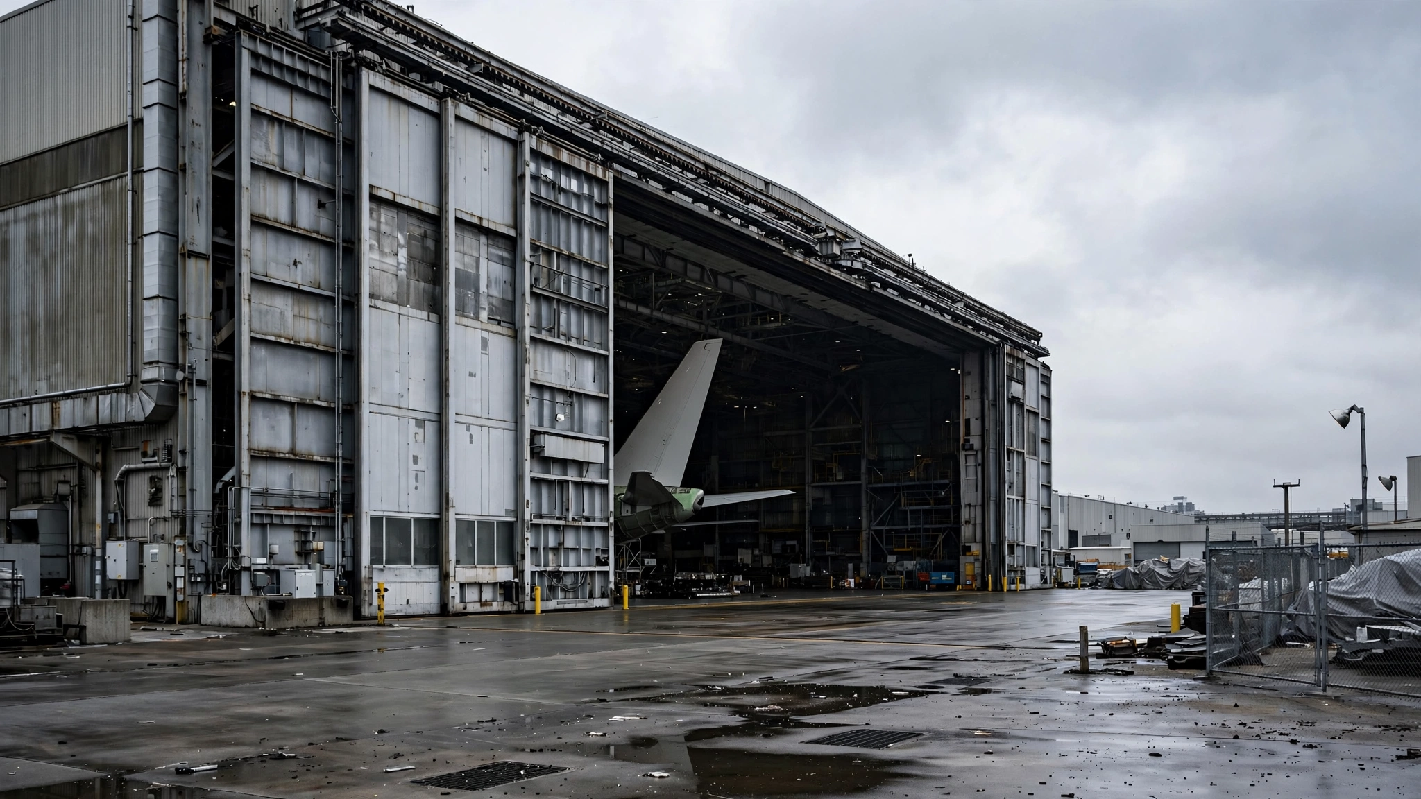 Exterior of an airplane assembly factory hangar with an airplane tail visible inside.