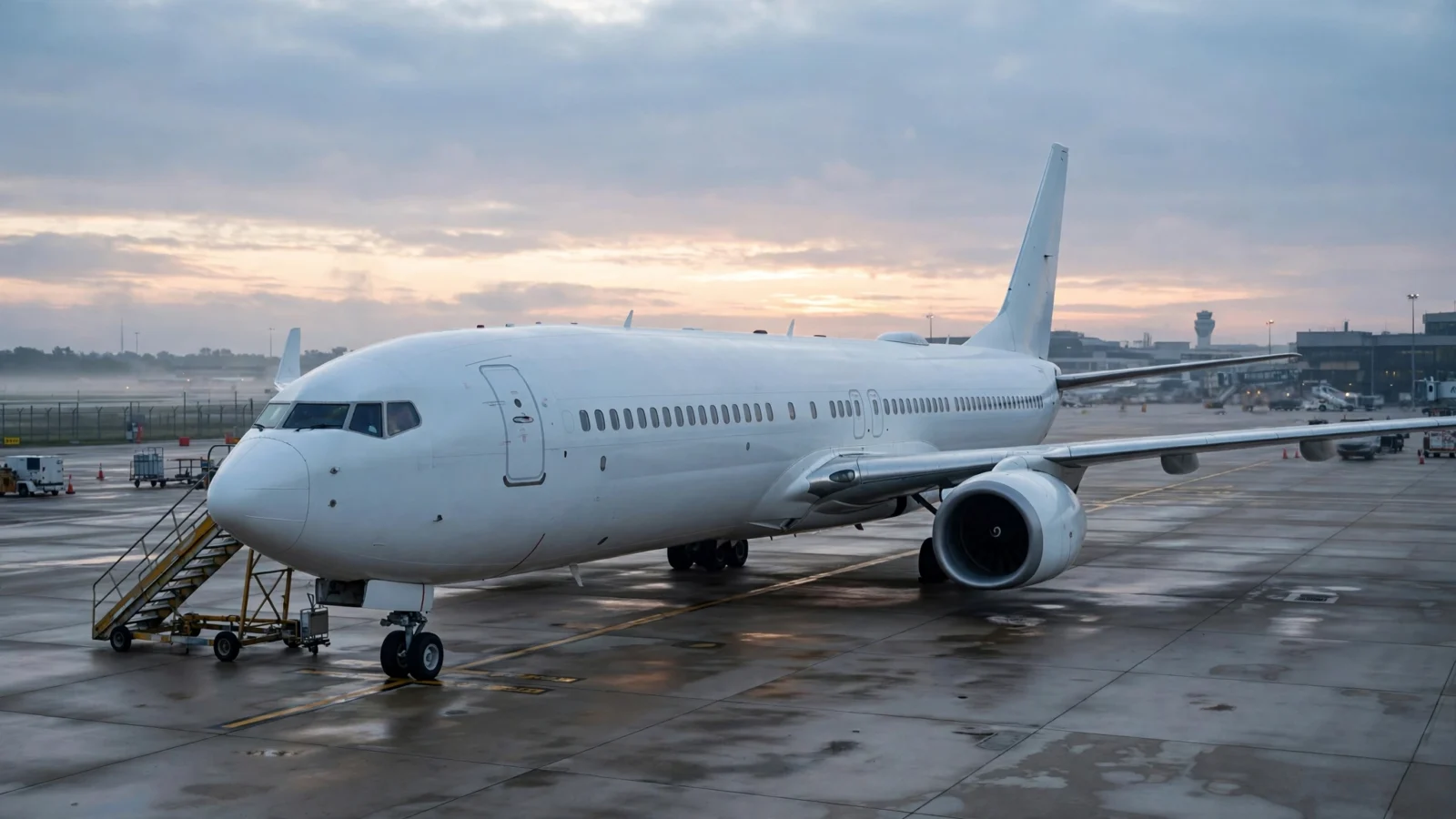 A large white passenger jet parked on an airport tarmac at dawn.