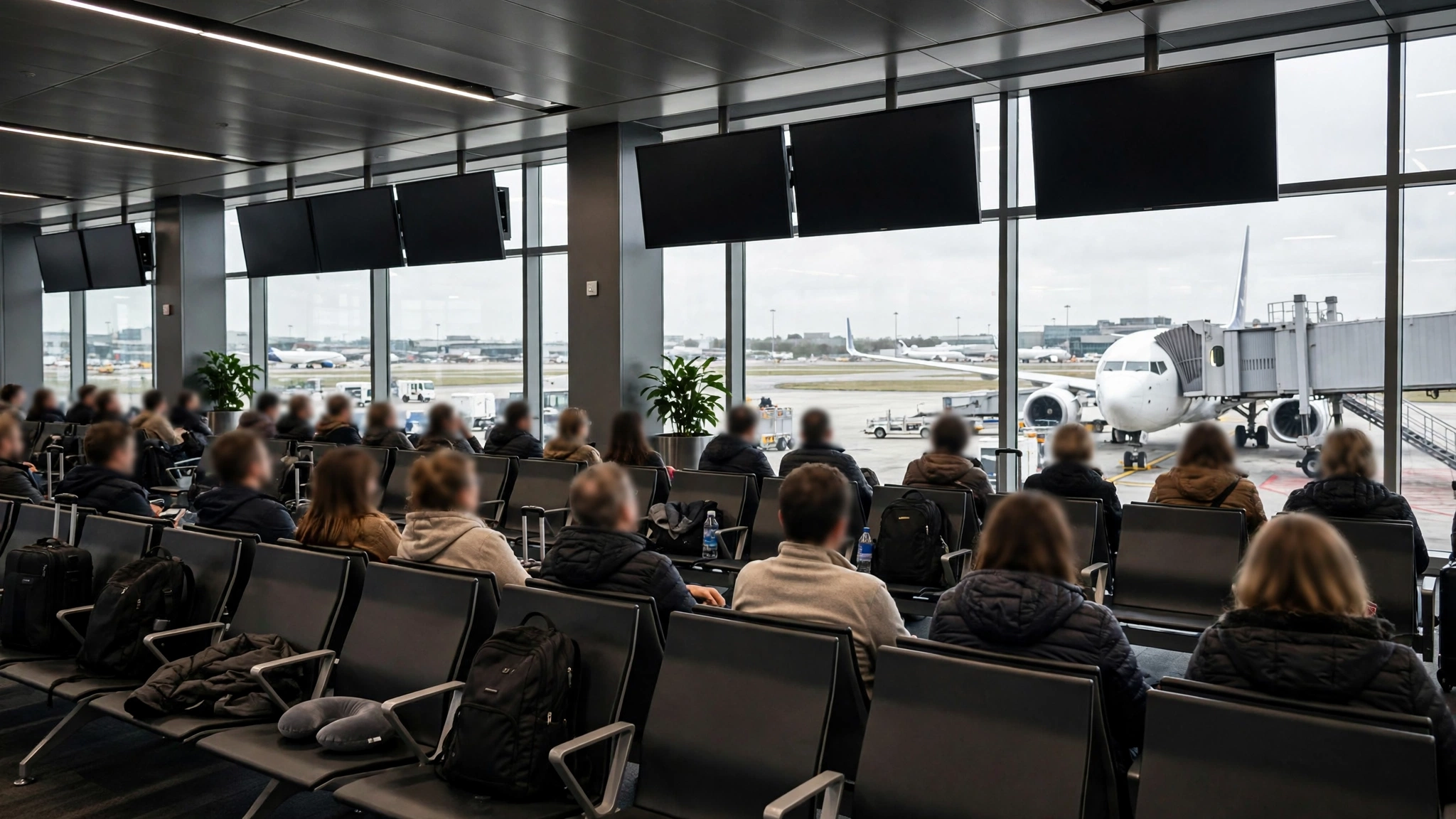Passengers seated in an airport departure gate lounge with a parked airliner visible through the windows.