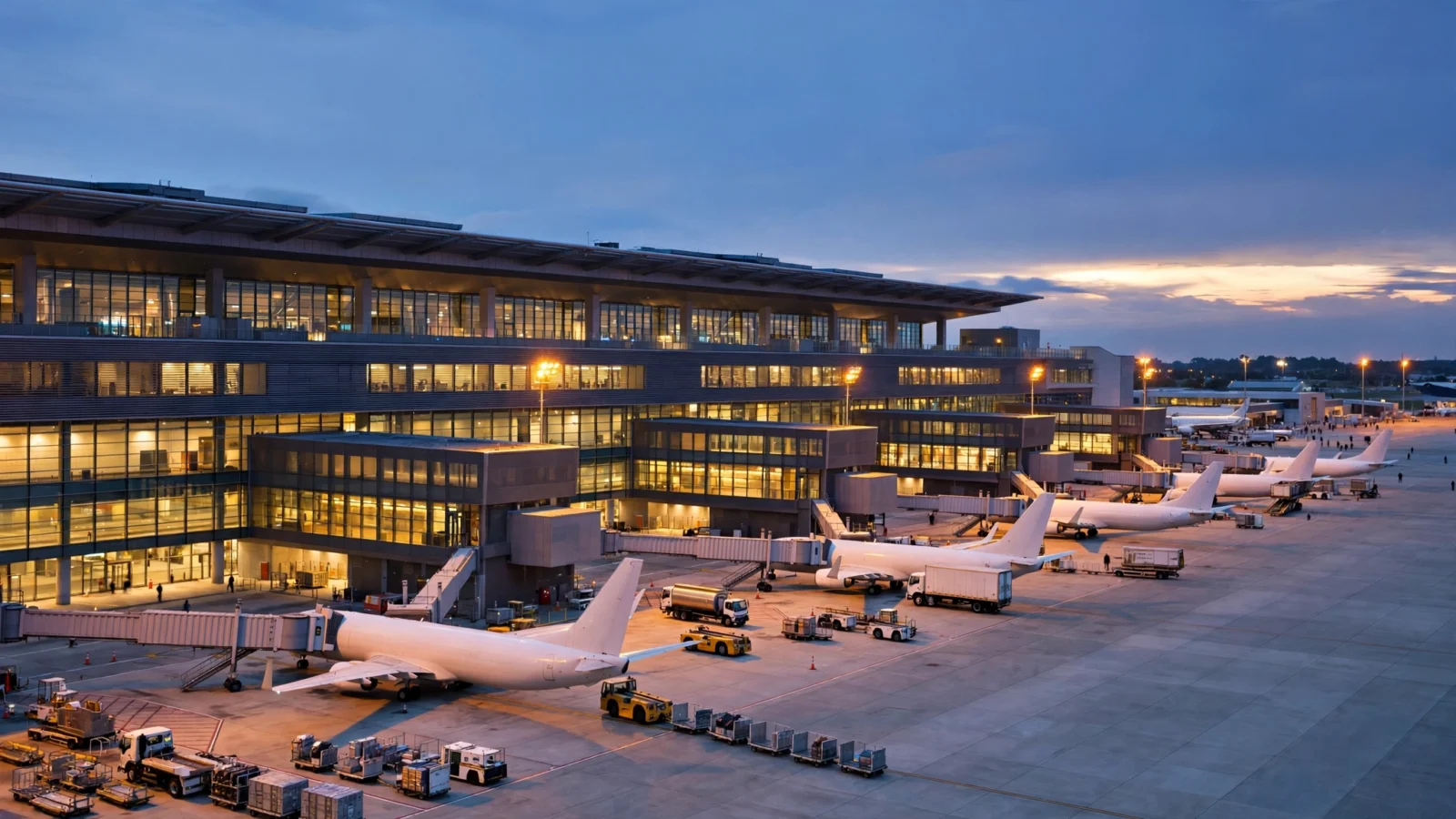 Airplanes parked at gates beside a large airport terminal building at dusk, with ground service vehicles on the tarmac.
