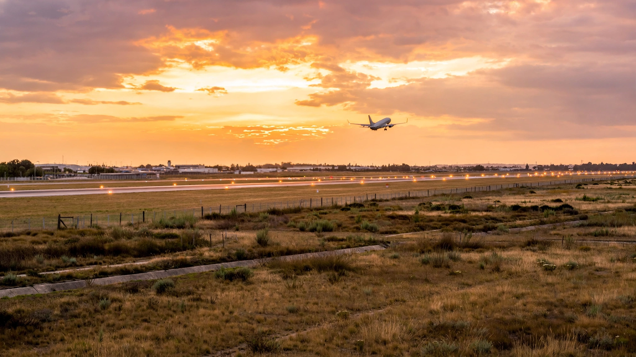 A passenger airplane taking off from a runway at sunset, seen from across airport grounds.