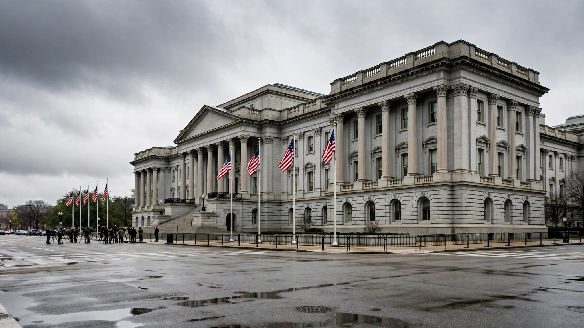 A stone government building in Washington with American flags on poles and a small group of reporters standing across the street.