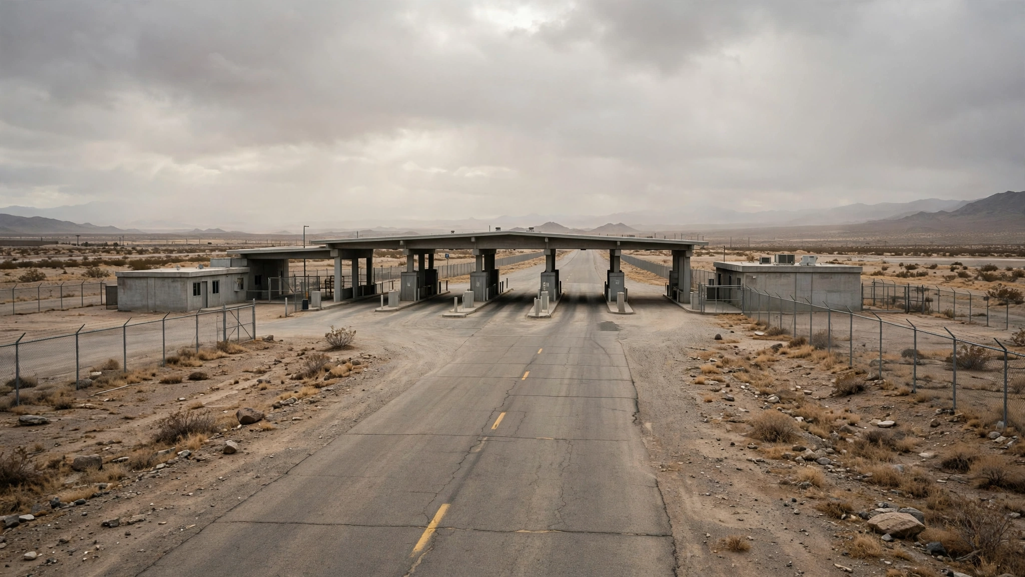 An empty border checkpoint with a canopy over traffic lanes, low concrete buildings, fences and desert land