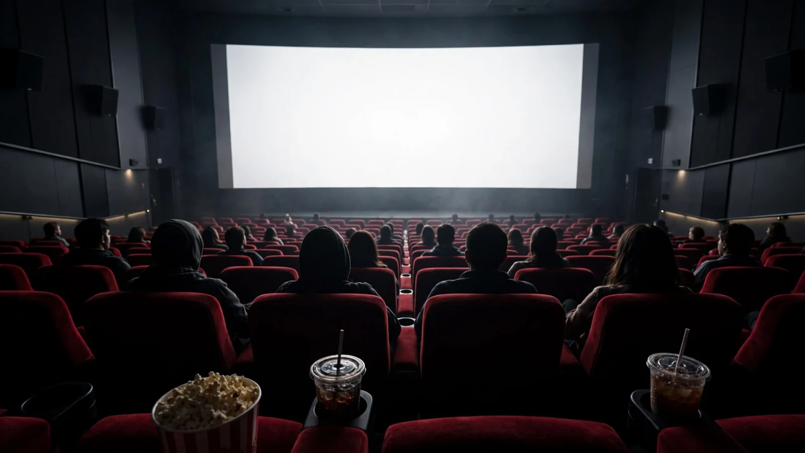 Moviegoers in red theater seats facing a bright blank cinema screen, popcorn and drinks in cup holders