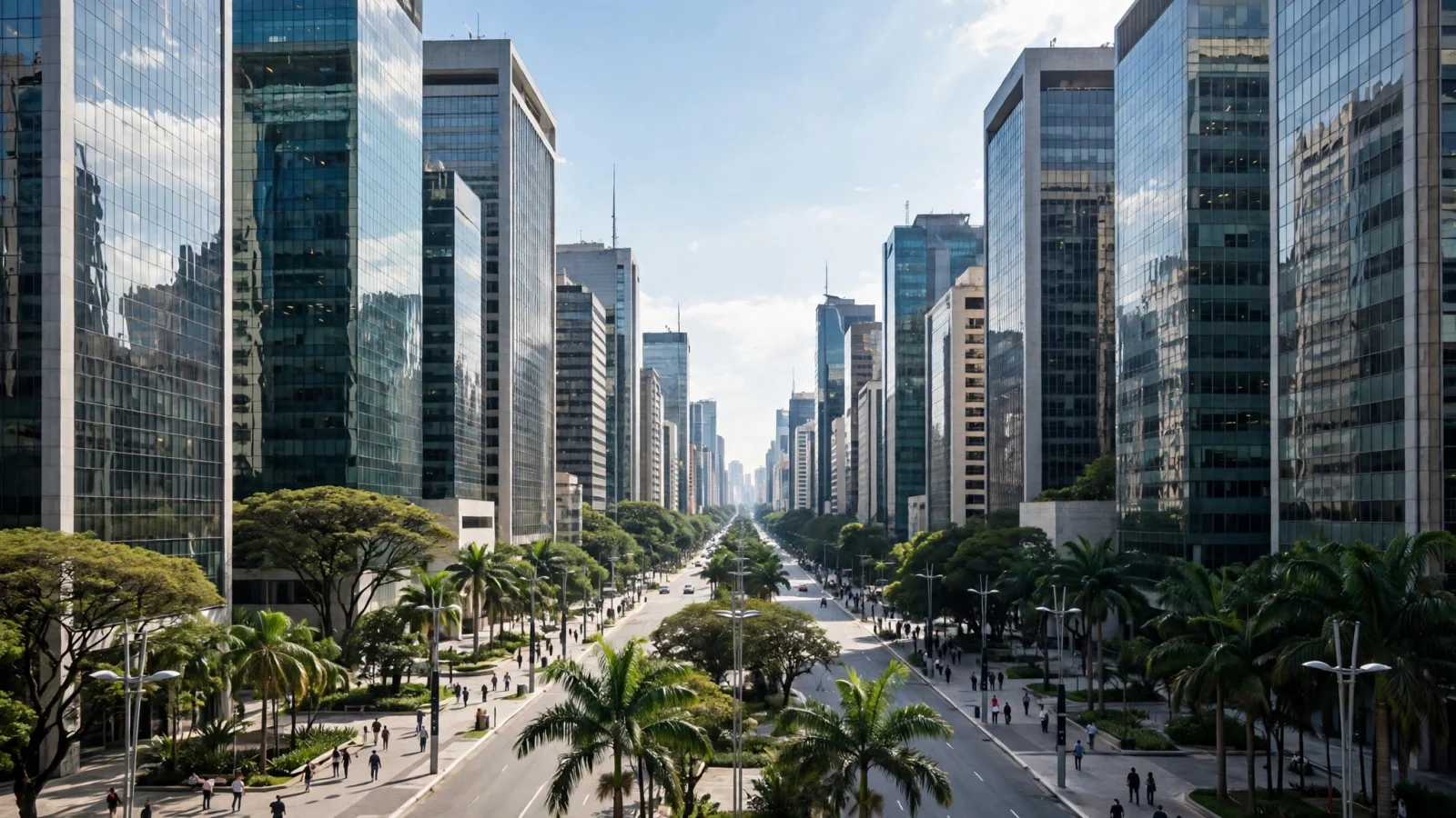 Glass office towers line a wide avenue with palm trees and pedestrians in a financial district