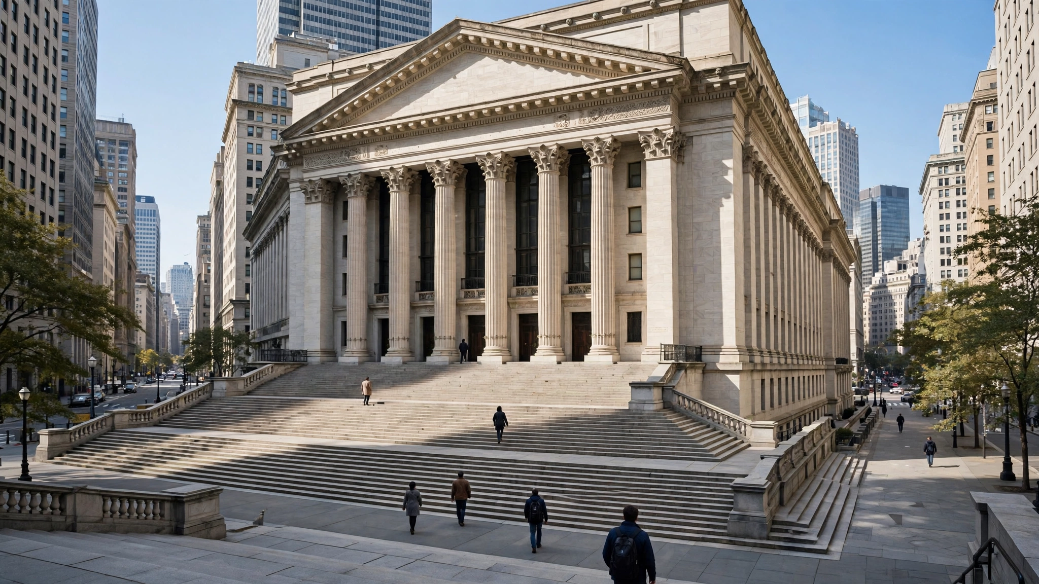 A large stone building with tall columns and wide steps, with a few people walking on the steps