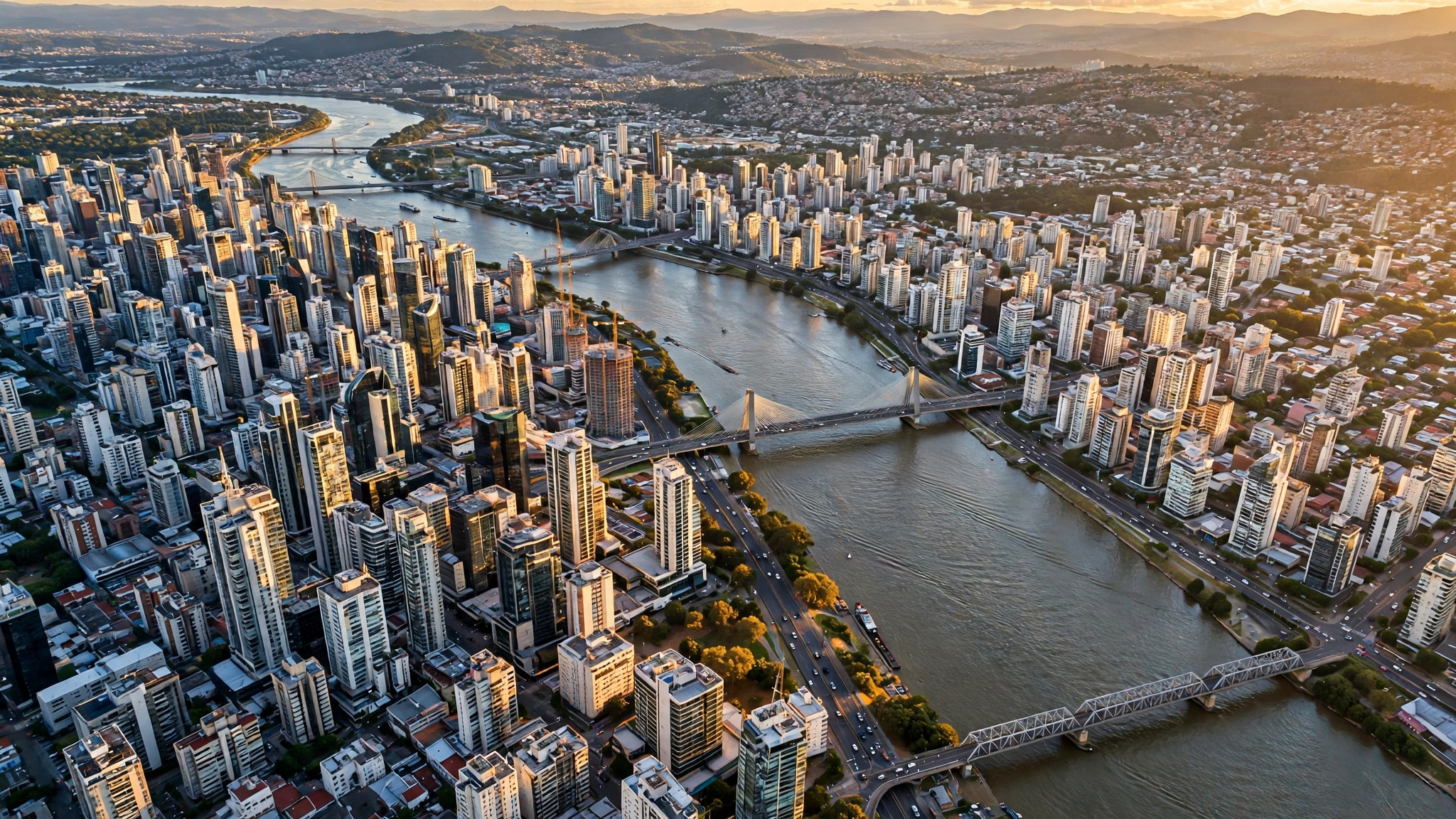 An aerial view of a dense city skyline beside a wide river with bridges