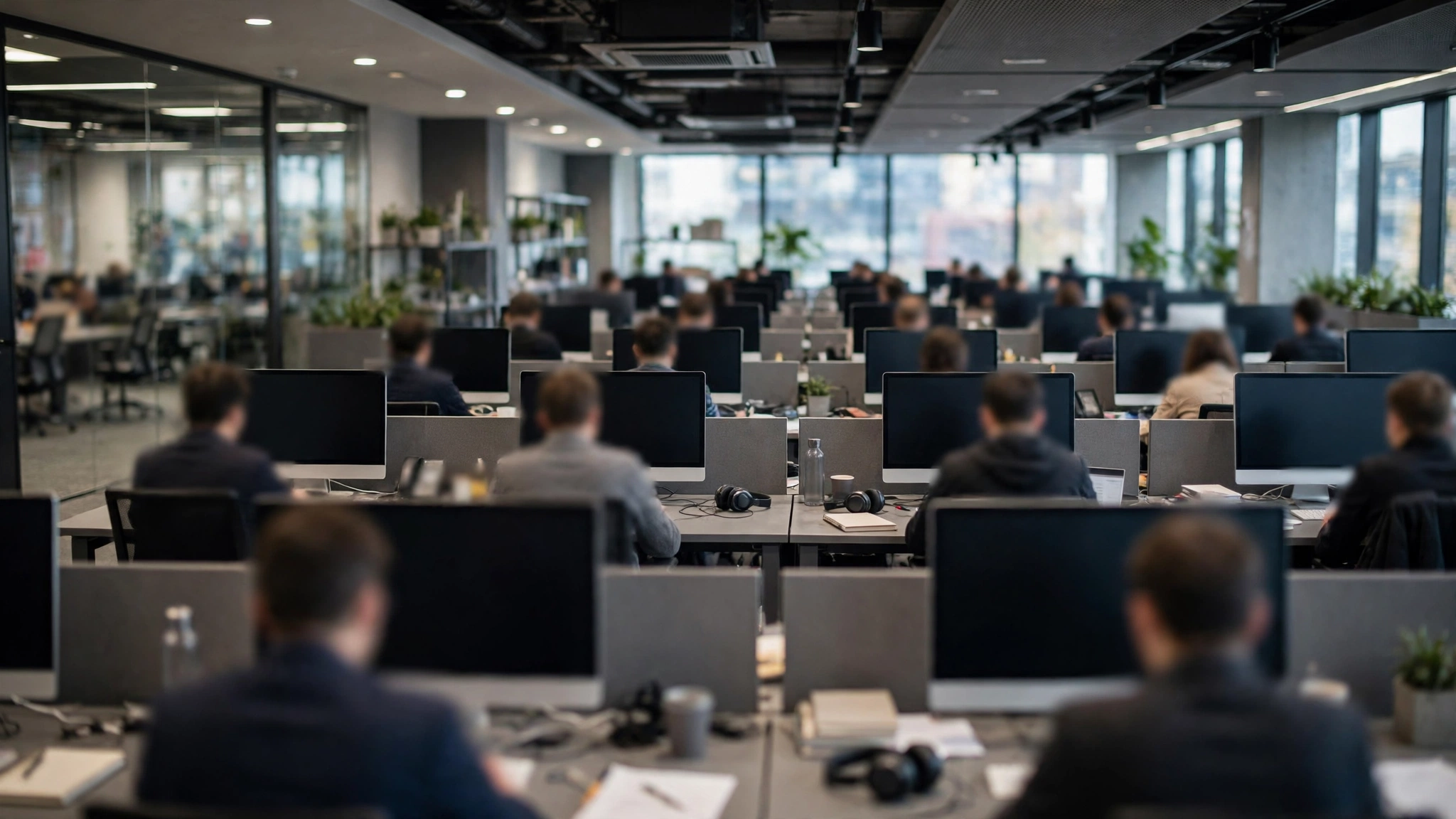 Rows of desks with blank computer monitors in a large open office, with workers seen from behind
