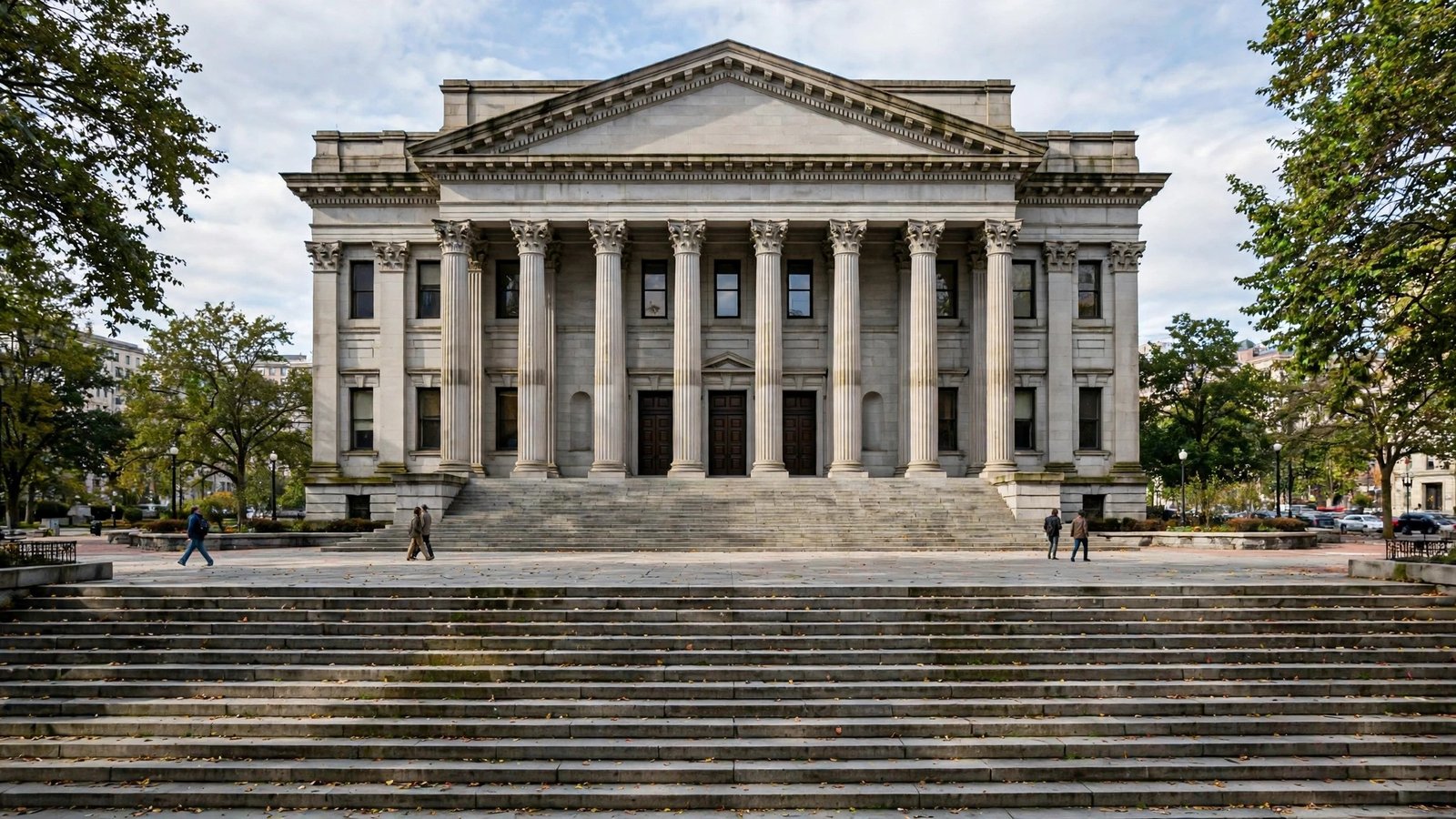 A stone courthouse with tall columns and wide steps, with a few pedestrians in front