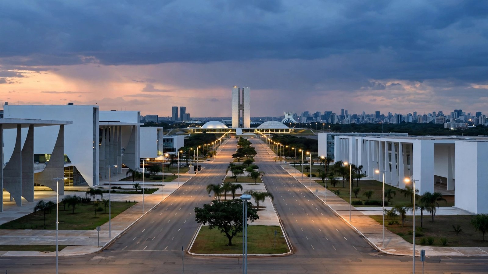 The monumental avenue in Brasilia at dusk, with white government buildings and street lights along a wide road