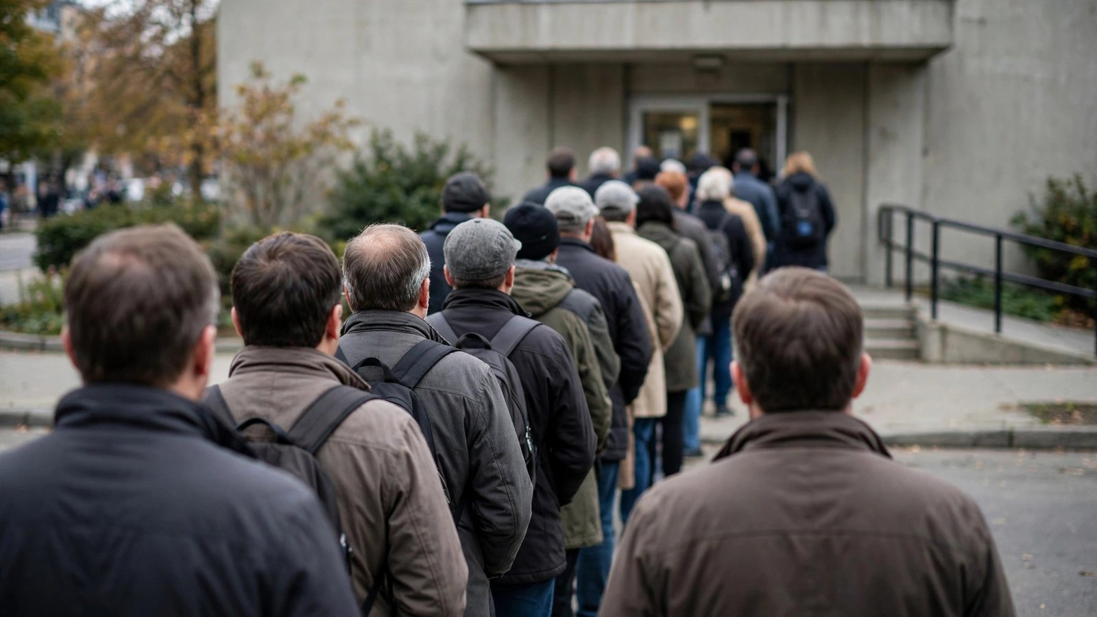 People standing in line with their backs to the camera outside a building entrance