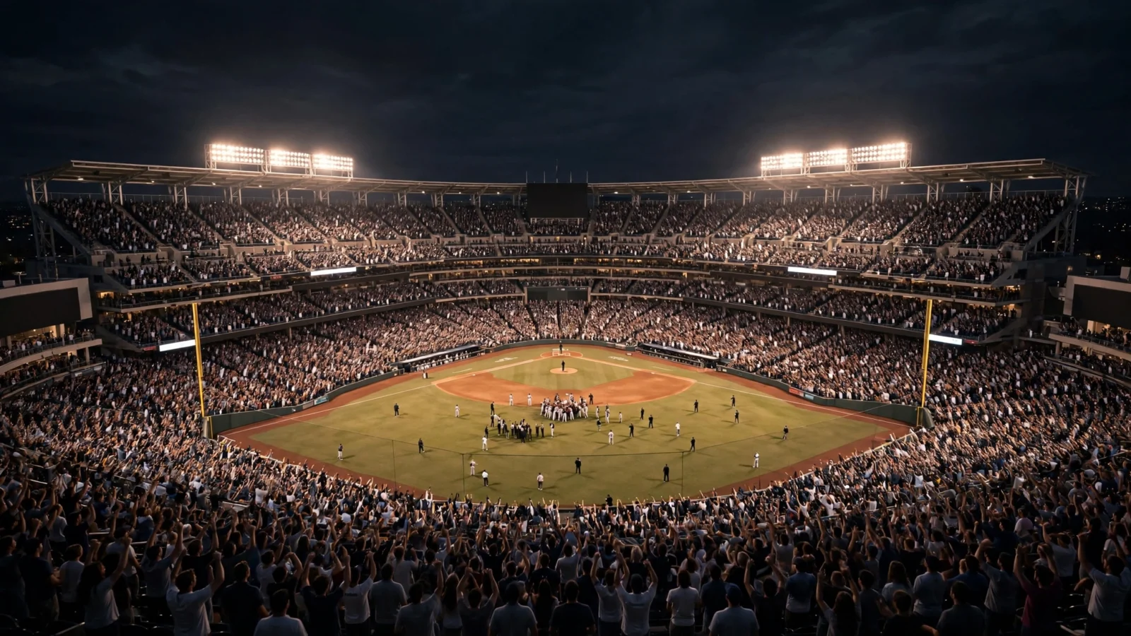 A packed baseball stadium at night with fans standing and cheering as players gather on the field under bright lights