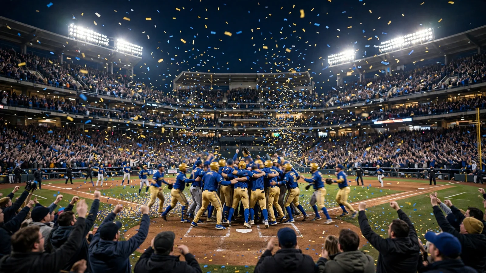 Baseball players in blue and gold uniforms celebrating at home plate under stadium lights as confetti falls and fans cheer