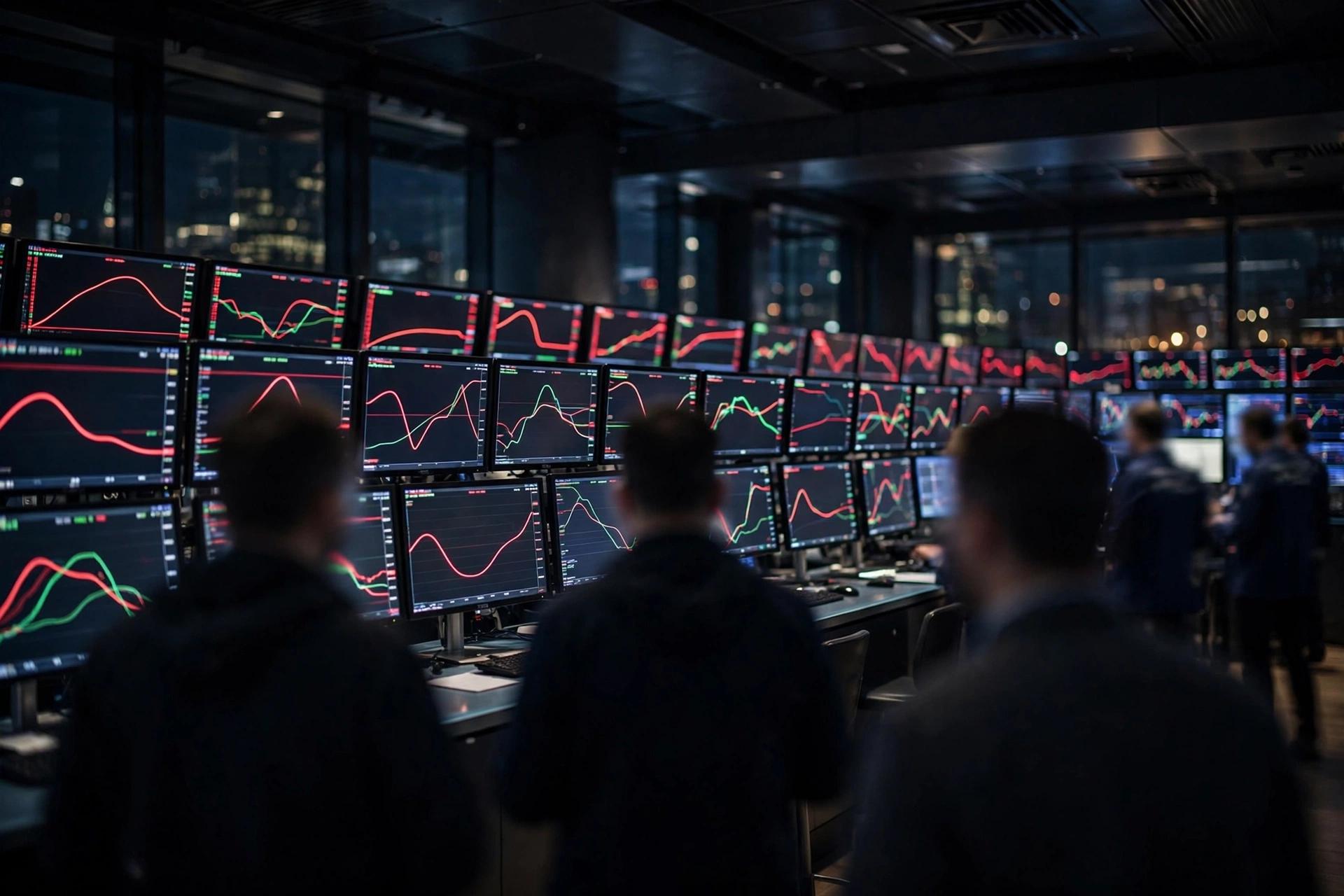 A stock trading floor at night with rows of glowing screens showing red and green market charts, with traders seen from behind.