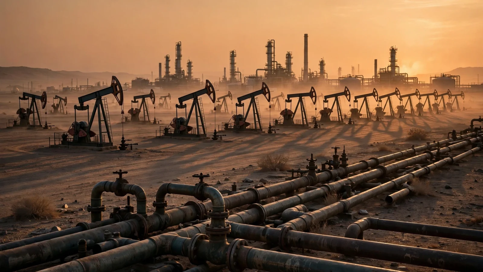 Rows of oil pumpjacks and a refinery complex silhouetted against a hazy dawn sky in a desert oil field.