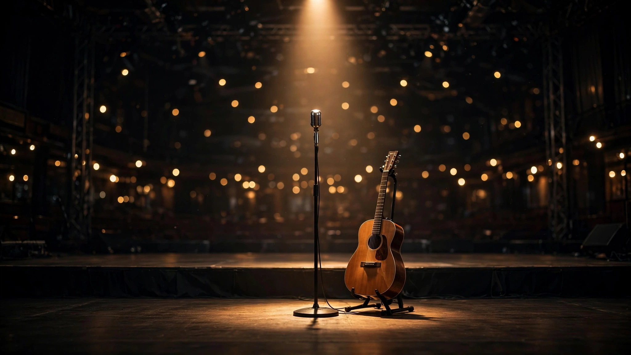 An empty concert stage with a single spotlight on a microphone stand and an acoustic guitar, with warm lights glowing in a dark arena.