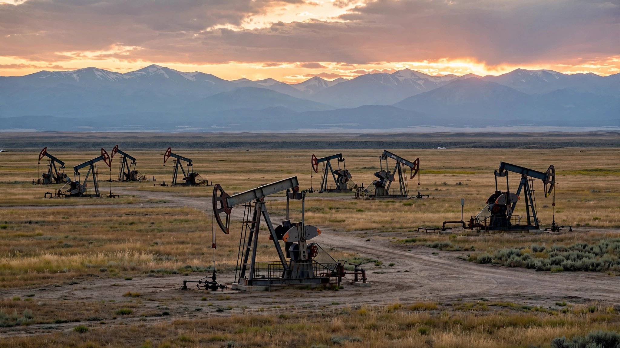 Oil pumpjacks scattered across a dry prairie with snow-capped mountains on the horizon at sunset.