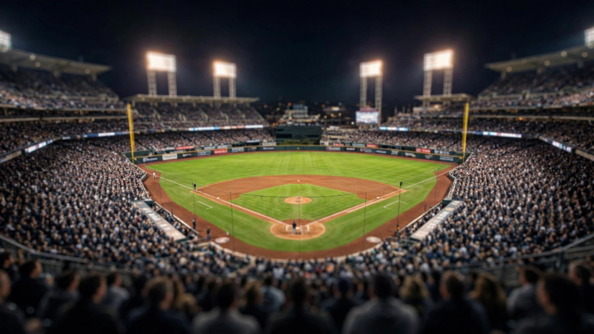 A packed baseball stadium at night with the field lit up and a blurred crowd in the stands.