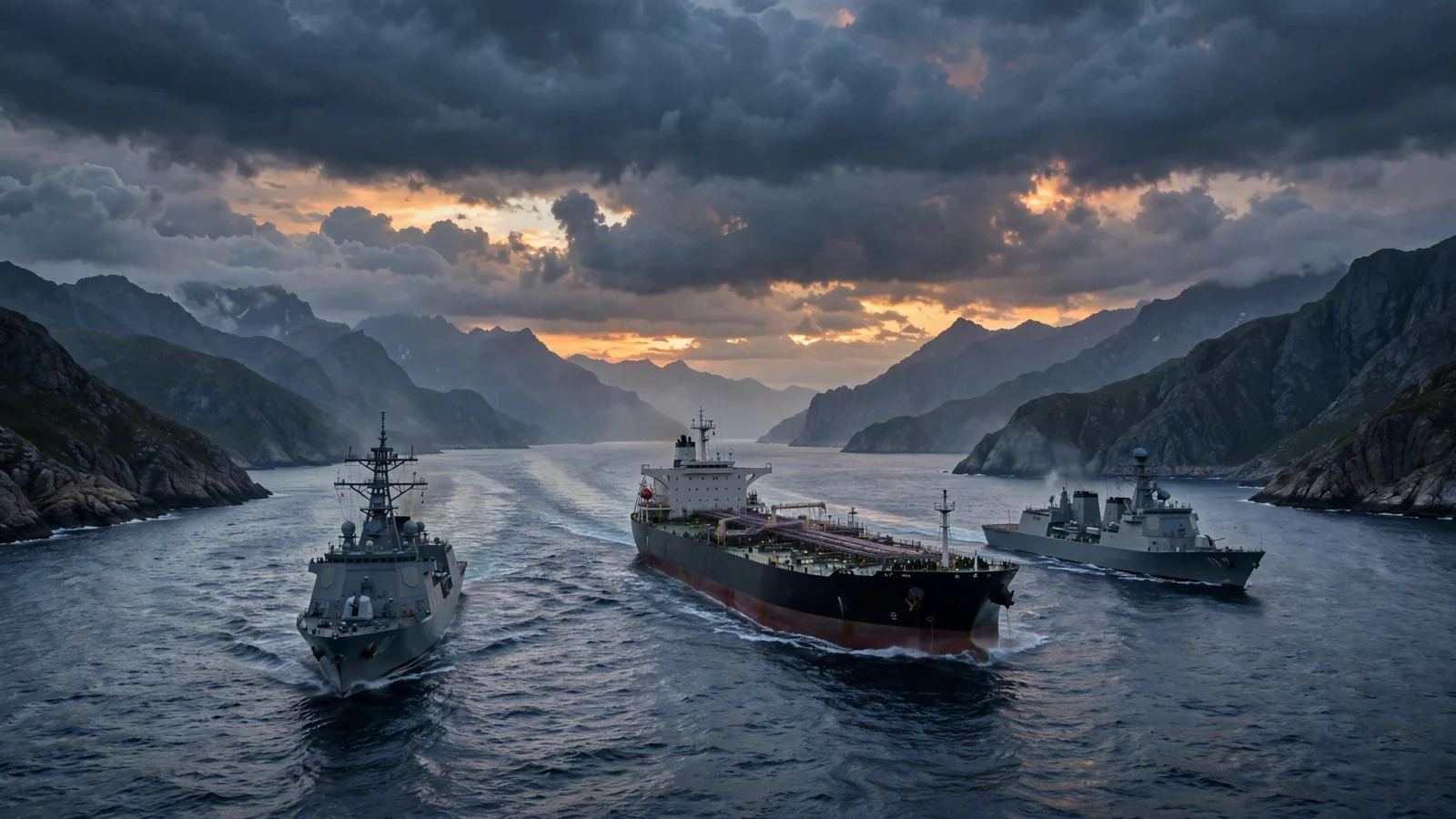 Gray warships and a large oil tanker steaming through a narrow ocean strait between mountains at dusk under storm clouds.