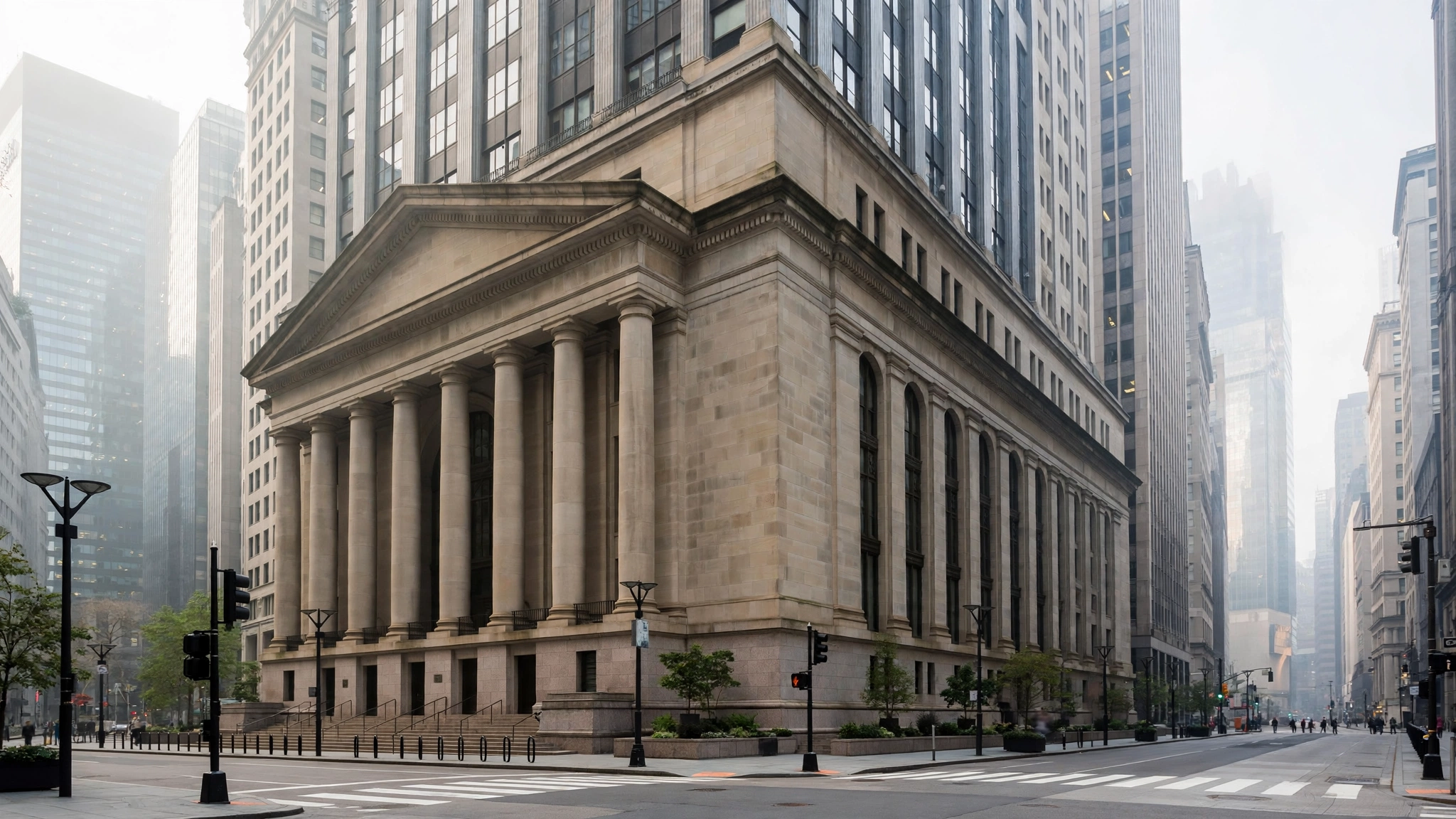 A stone building with columns in a financial district on a hazy morning