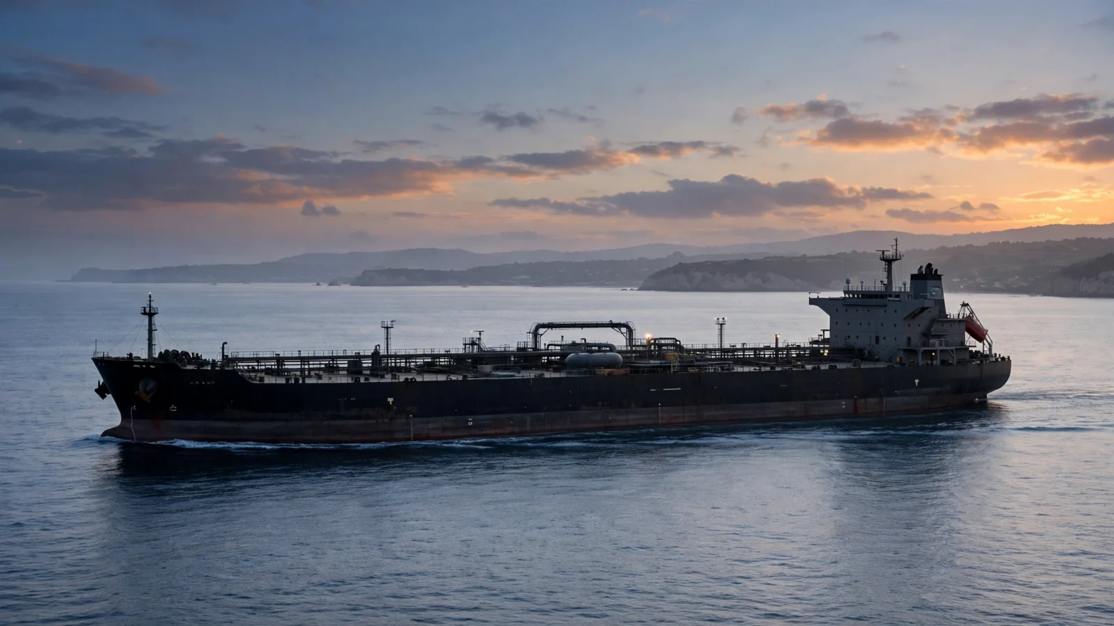 A large oil tanker sailing on open water at dusk