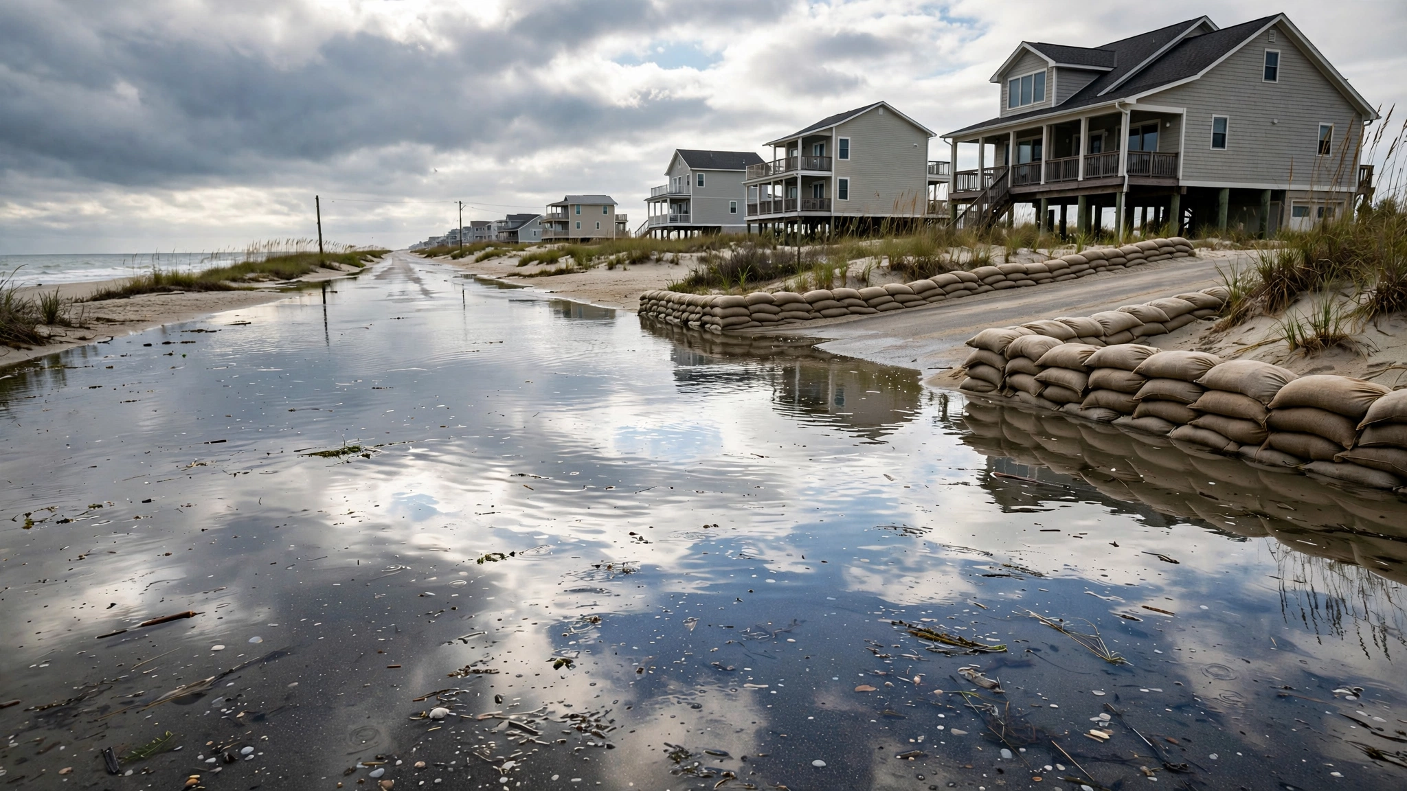Seawater covering a coastal road beside beach houses, with sandbags stacked along the road