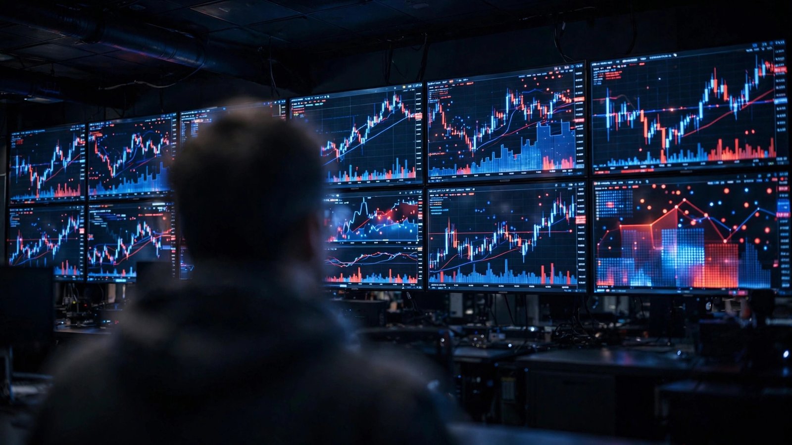 Electronic screens showing stock market charts and numbers in a dark trading room