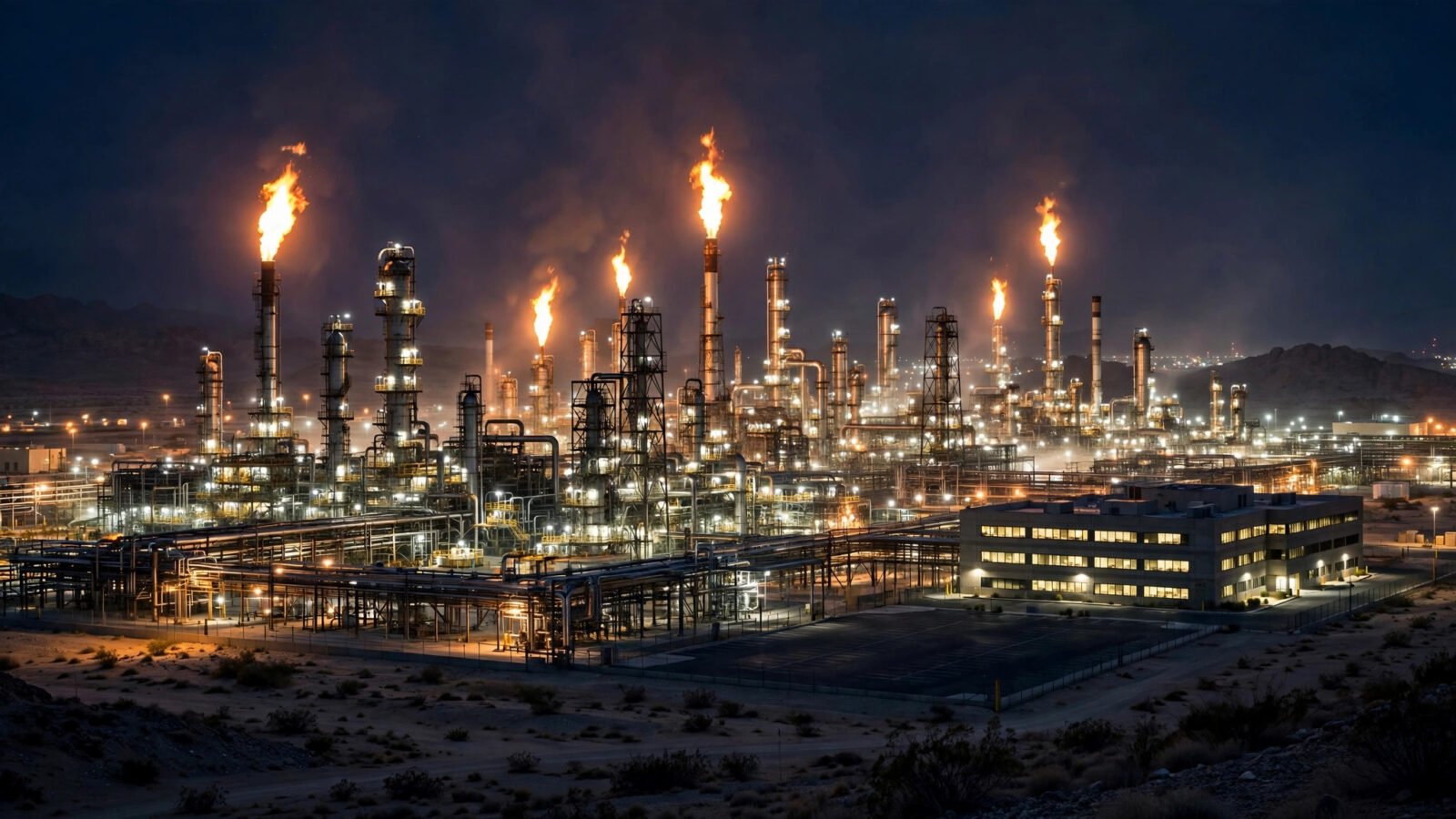 Industrial oil refinery complex at night with glowing flare stacks in the desert