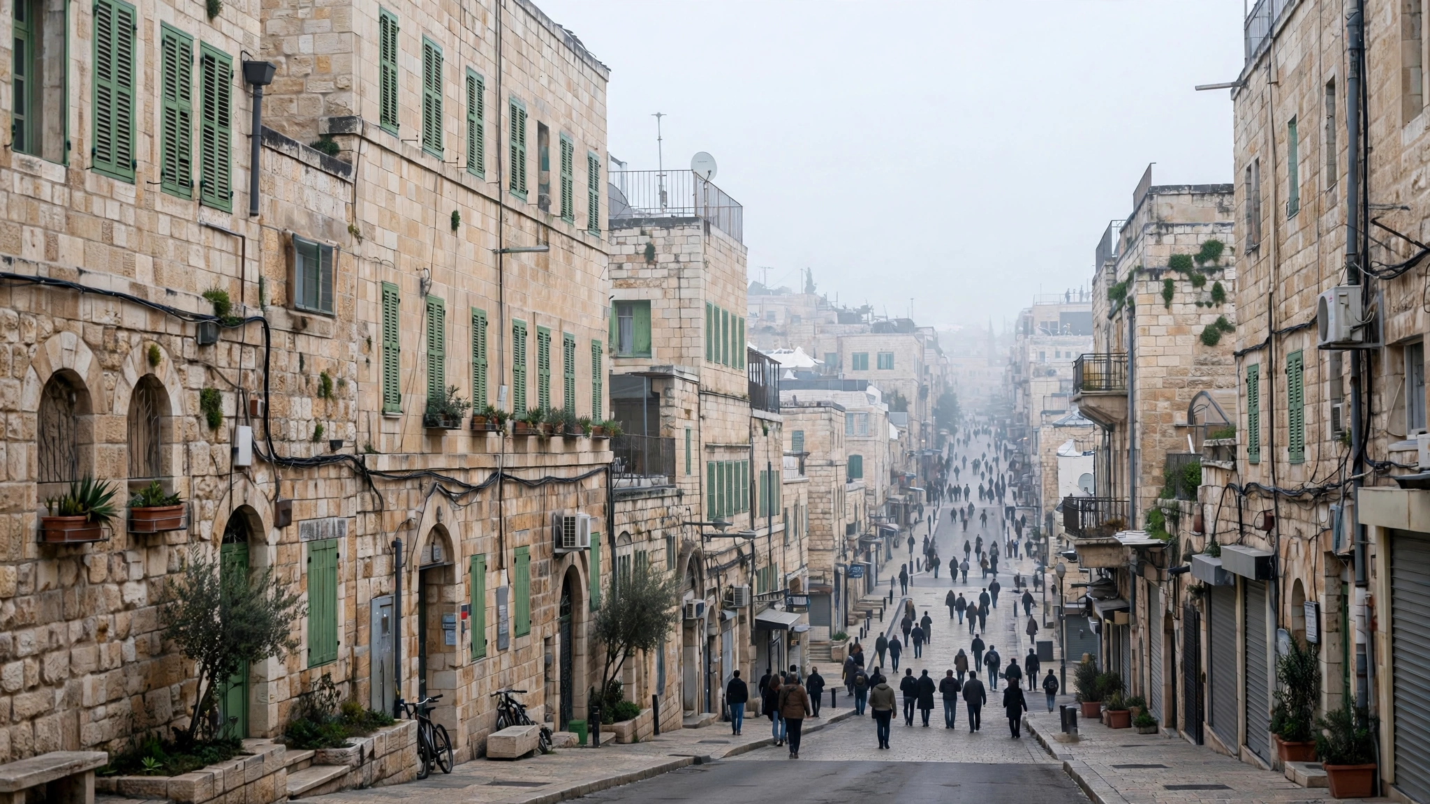 A stone street in Jerusalem with pedestrians walking in the distance between stone buildings.