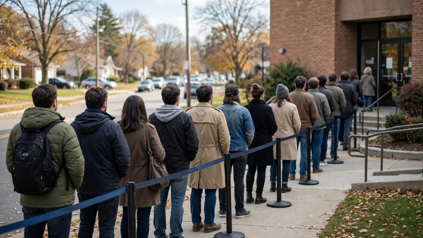 People stand in a line outside a brick building, seen from behind, waiting to enter.