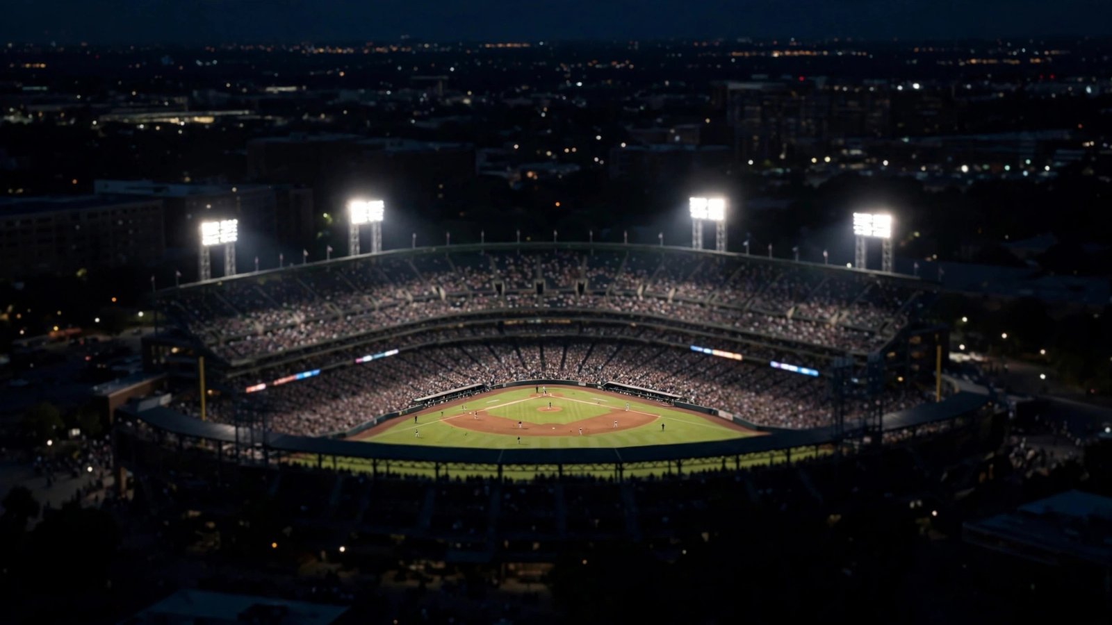 A baseball stadium at night under bright floodlights, with a crowd in the stands and players on the field seen from far away.