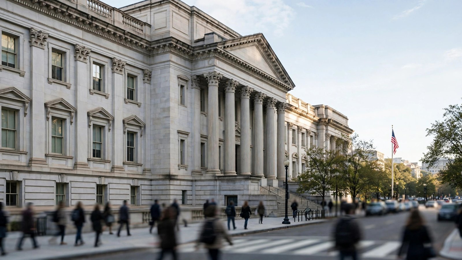 A large neoclassical government building with tall columns in Washington, with anonymous pedestrians crossing a street in front of it.