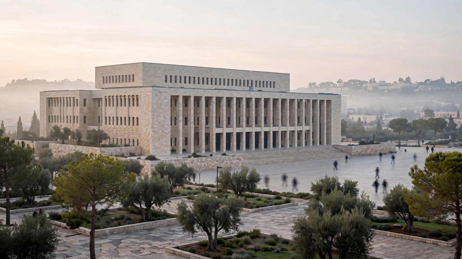 A large stone parliament building in Jerusalem at early morning, with trees and anonymous pedestrians on a wide plaza in front of it.