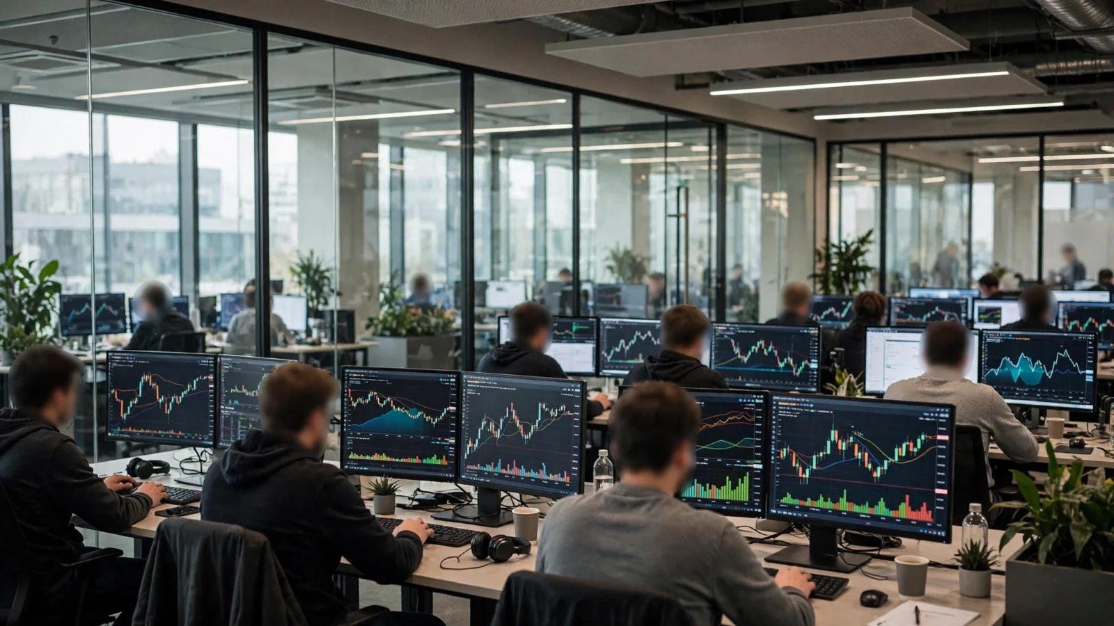Traders at desks with multiple monitors showing financial charts in a modern glass-walled office