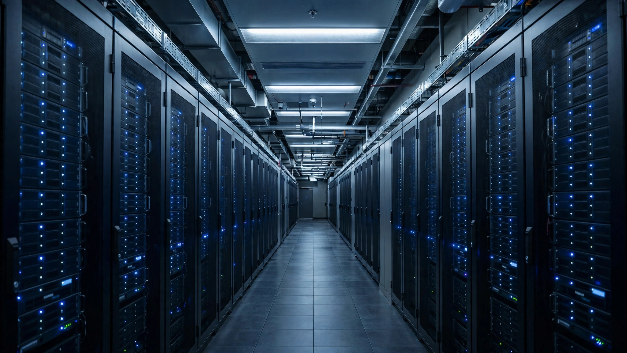 A long empty corridor of server racks with small blue indicator lights inside a data center.