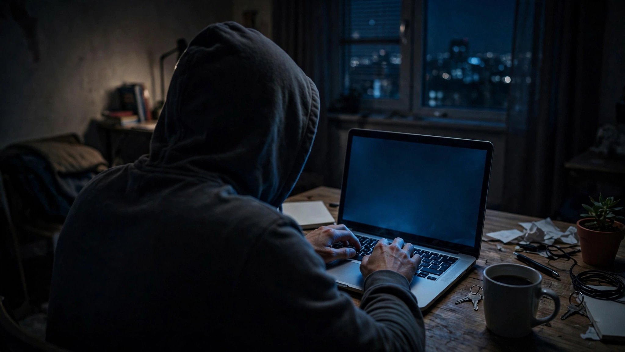 An anonymous person seen from behind typing on a laptop in a dim apartment at night.