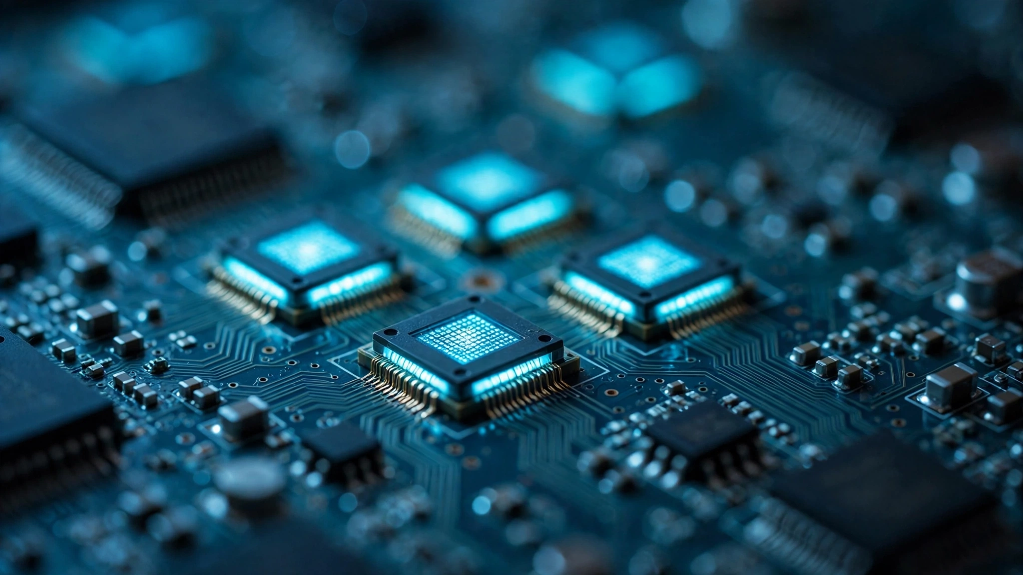 Close-up of glowing microchips on a printed circuit board.