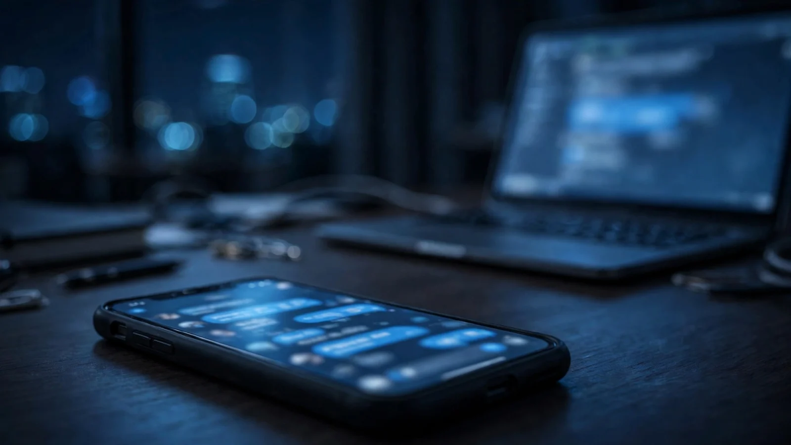 A smartphone glowing with a blurred chatbot conversation on a dark office desk, with a laptop out of focus behind it at night.