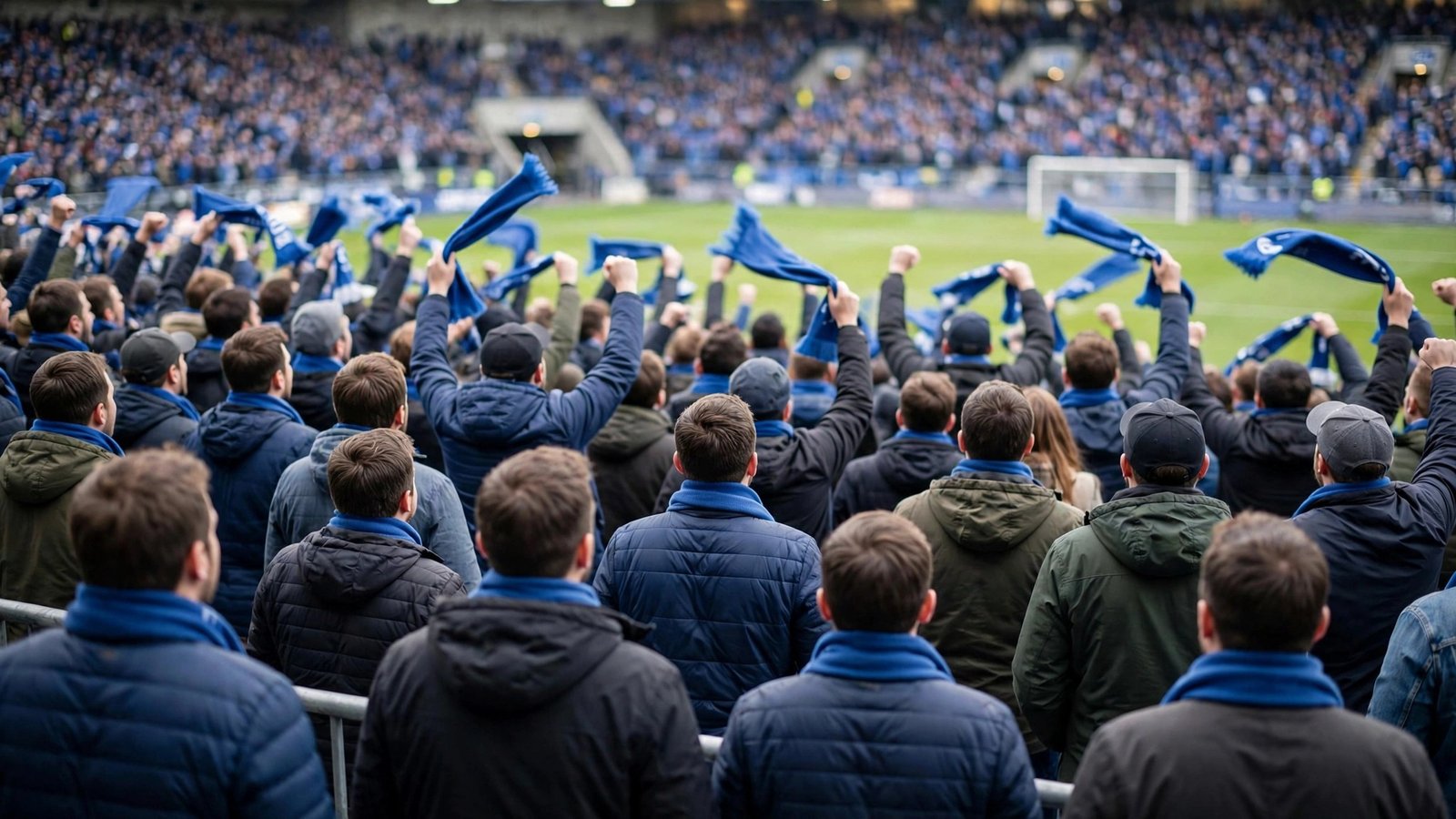 Soccer fans in blue scarves celebrating in a stadium stand
