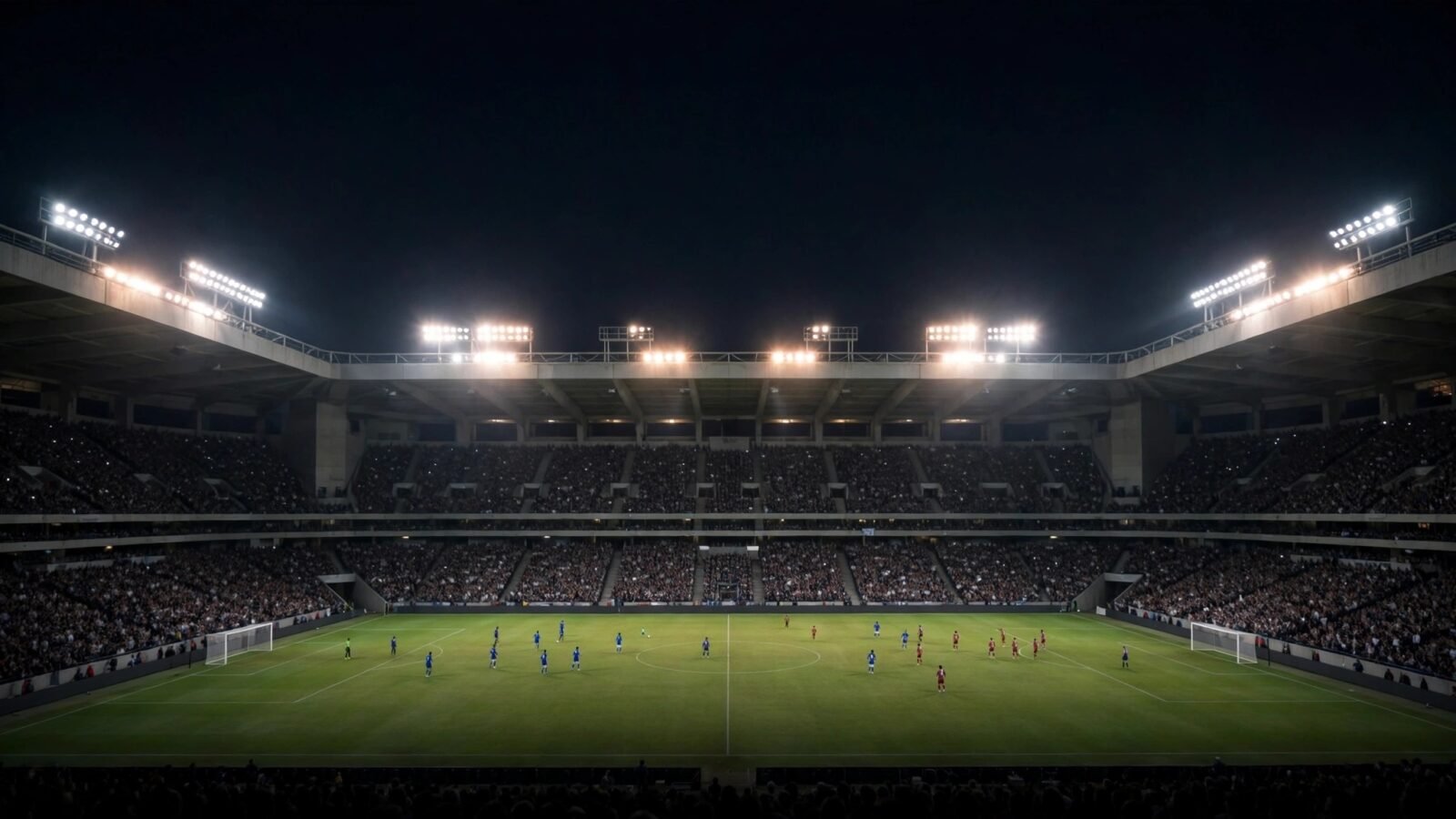 A soccer stadium under floodlights at night with players on the pitch