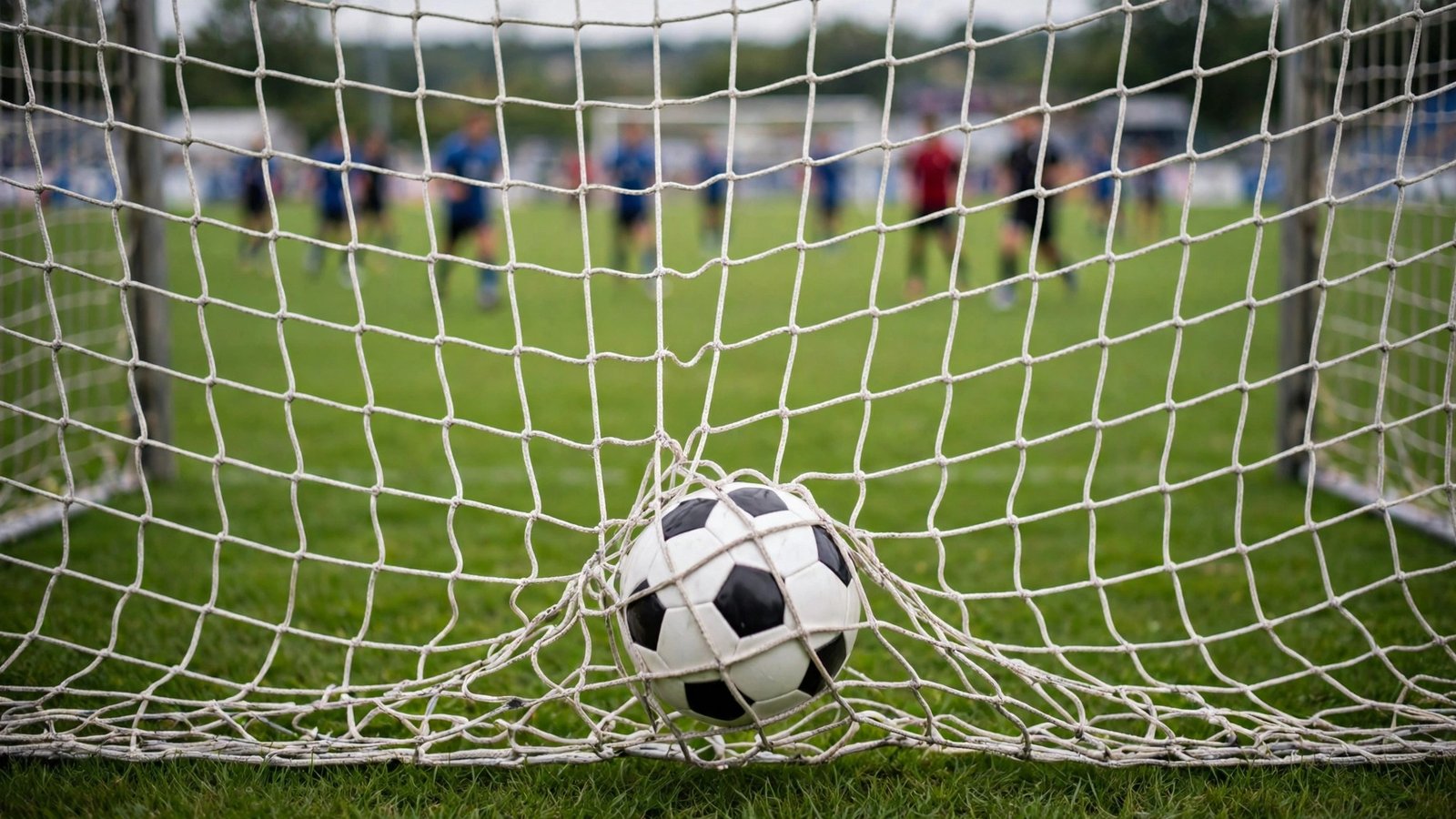 A soccer ball in the back of a goal net on a grass pitch