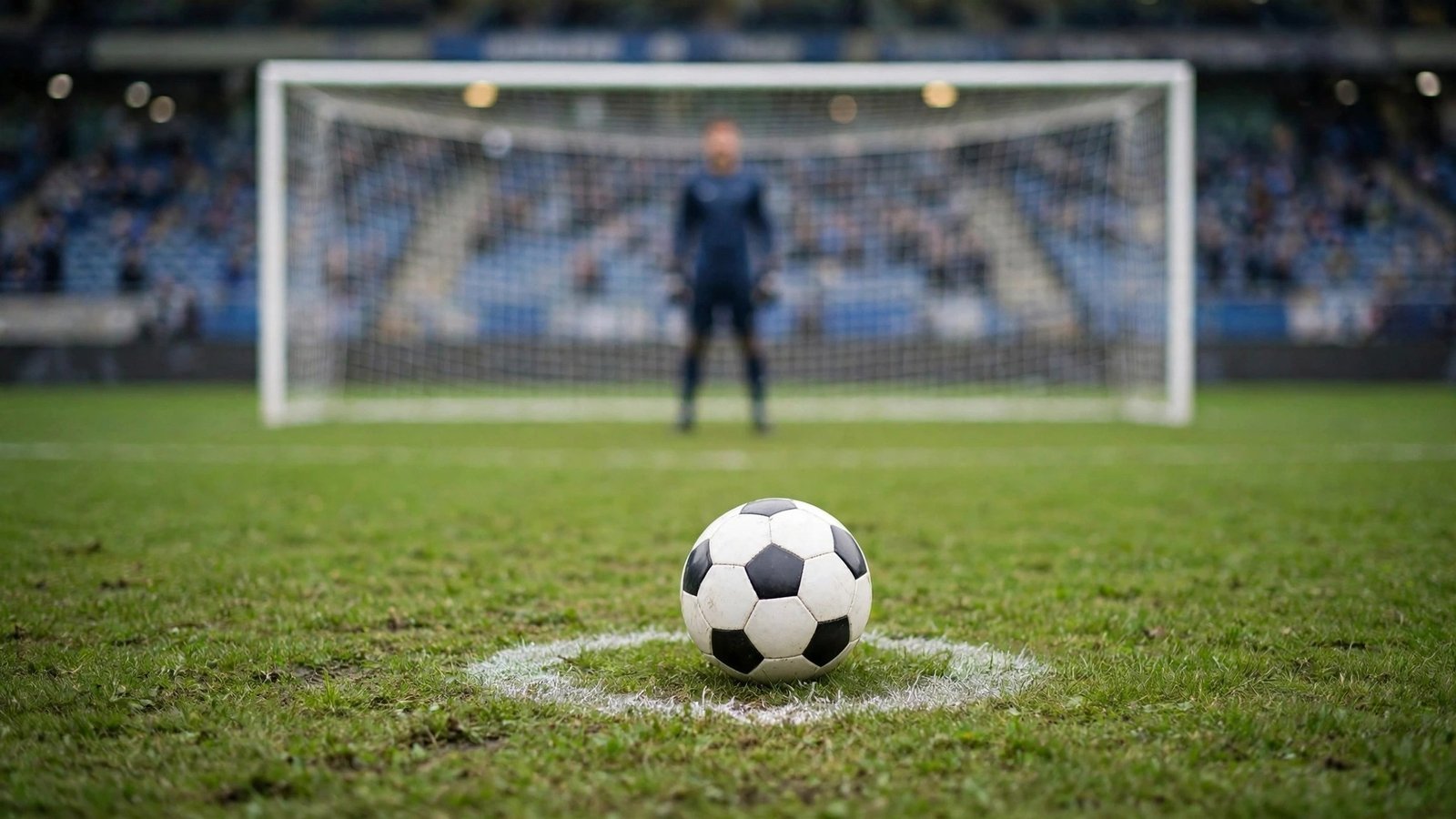 A soccer ball on the penalty spot with a goalkeeper standing in front of the goal